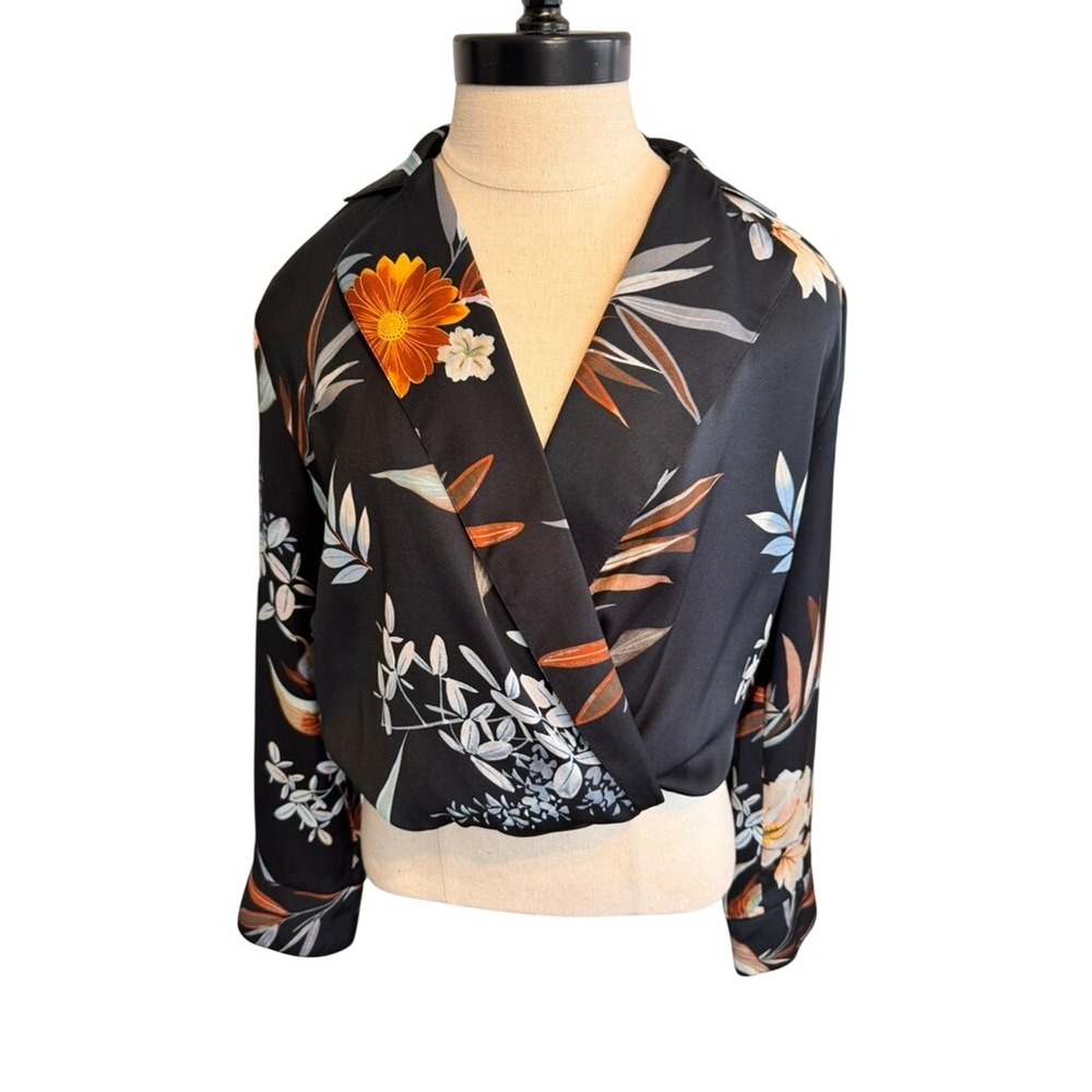 Zara Women Black Floral Satin Wrap Bodysuit Long Sleeve V-Neck Size S